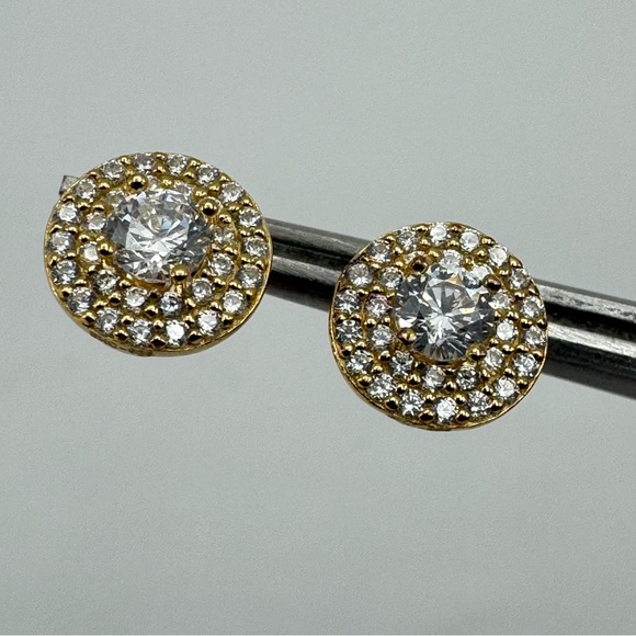 18K Gold Plated Sterling Silver CZ Halo Stud Earrings Round Bridal New